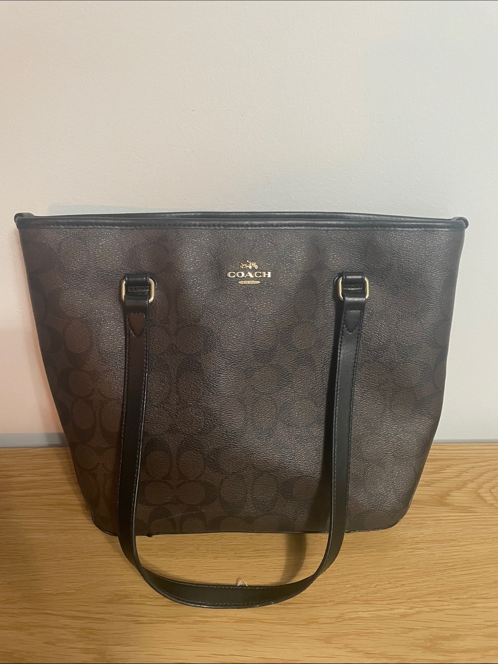 Coach Dark Brown Signature Tote with Black Straps